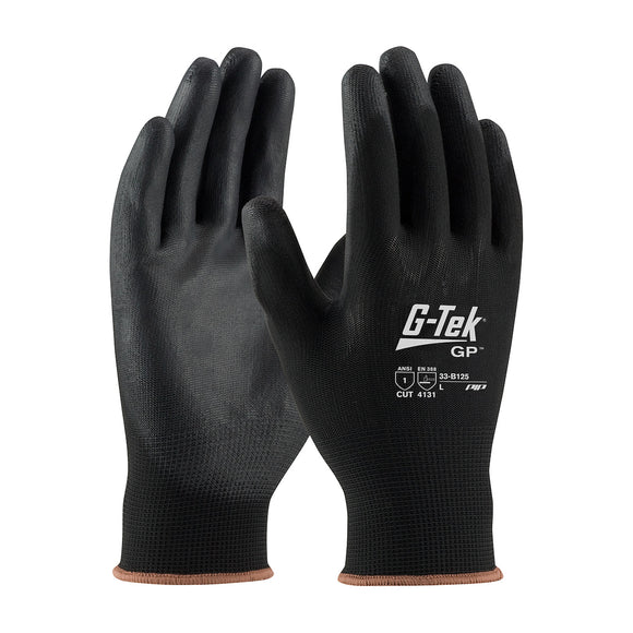 G-TEK® GP™ BLACK SEAMLESS KNIT NYLON GLOVE WITH POLYURETHANE COATED FLAT GRIP ON PALM & FINGERS
