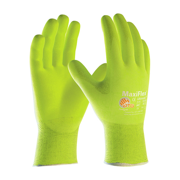 MAXIFLEX® ULTIMATE™ HI-VIS YEL SEAMLESS KNIT NYLON GLOVE NITRILE COATED MICROFOAM GRIP PALM &FINGERS