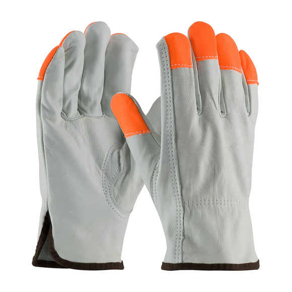 REGULAR GRADE TOP GRAIN COWHIDE LEATHER DRIVERS GLOVE WITH HI-VIS FINGERTIPS - KEYSTONE THUMB