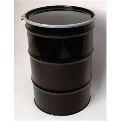 55 GALLON BLACK STEEL RECON DRUM OPEN TOP BOLT RING W/BUNG, WHITE LID