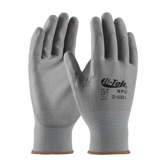 G-TEK® GP™ GRAY SEAMLESS KNIT NYLON GLOVE WITH POLYURETHANE COATED FLAT GRIP ON PALM & FINGERS