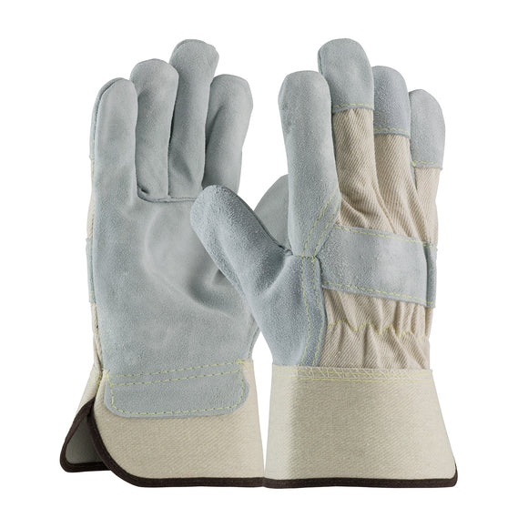 HEAVY PREMIUM SPLIT COWHIDE LEATHER PALM GLOVE, FABRIC BACK, ARAMID STITCHING-RUBBERIZED SAFETY CUFF